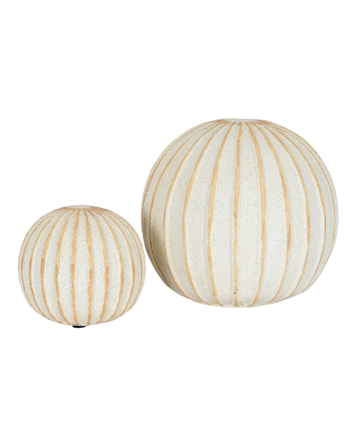 Decorative striped globe-shaped ball for home décor by Hill Interiors, featuring colorful stripes and a smooth surface.