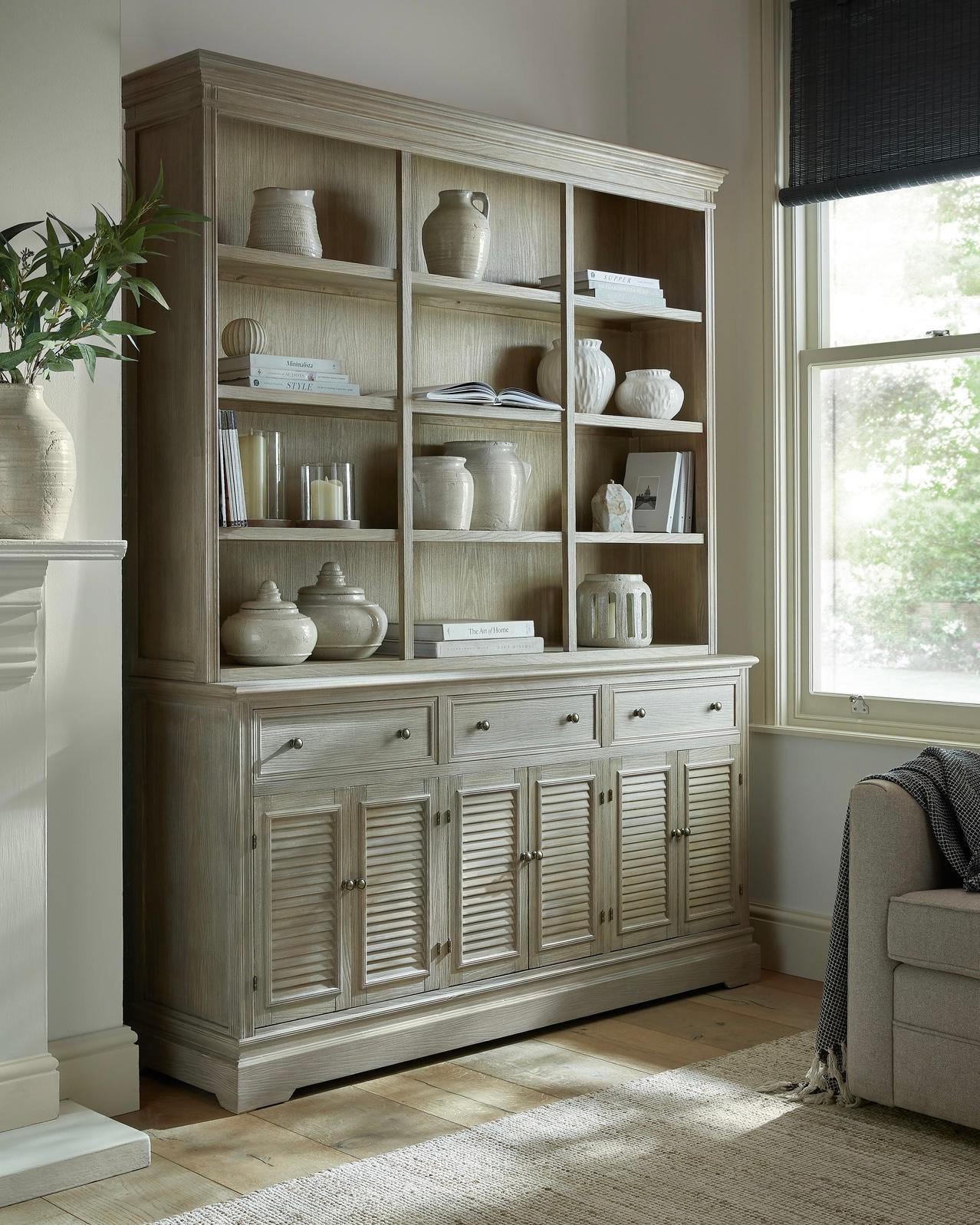 Delphine Collection large dresser top from Hill Interiors, with three shelves, showcasing a stylish furniture and mirror design.