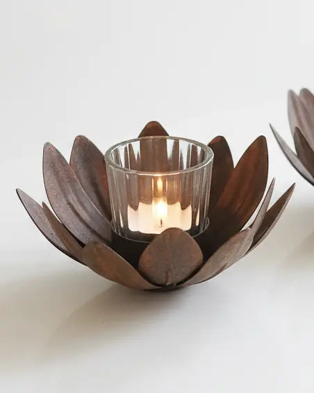 Rustic glass tealight candle holder with floral design, ideal for home decor by Terrace & Garden Ltd.
