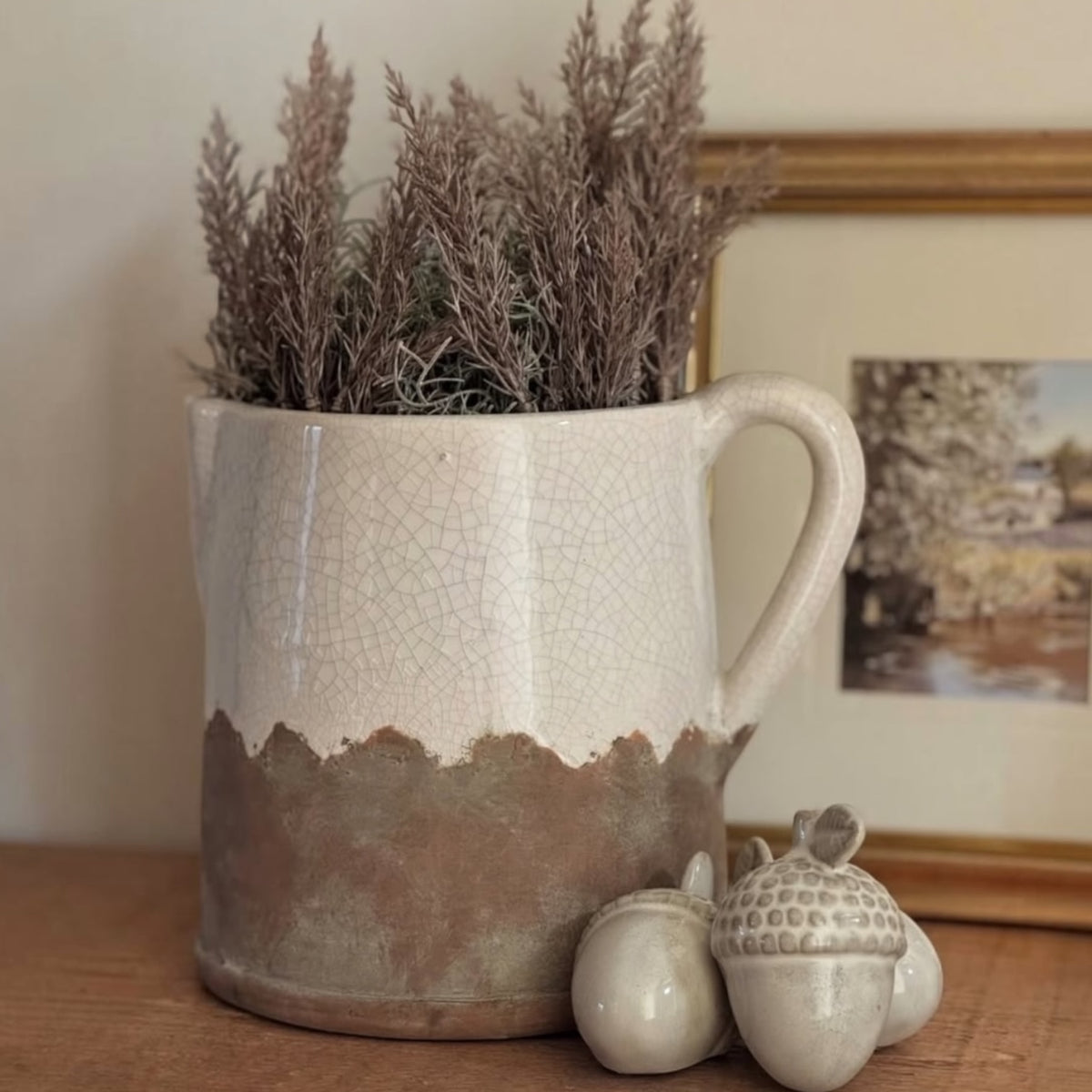 White And Terracotta Rustic Ceramic Handled Jug Vase