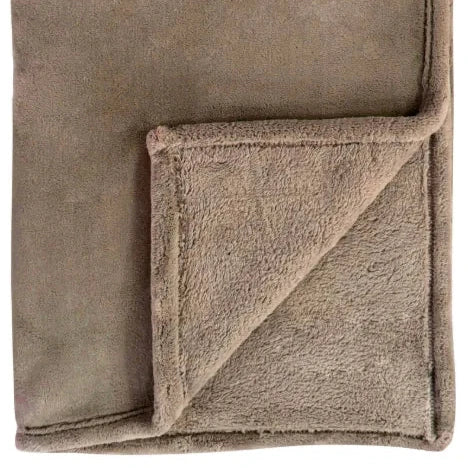 Beige Luxury Snuggle Blanket Throw, close-up of the beige fabric and stitched edge