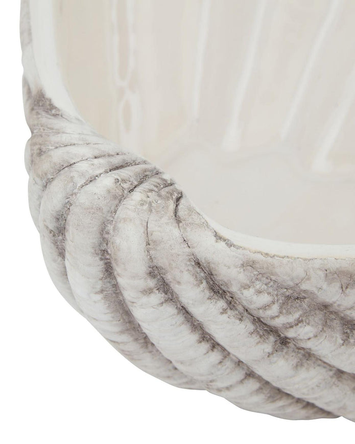 Large matte neutral stone clam shell bowl, home decor piece by Hill Interiors, featuring a natural textured clam shell shape.
