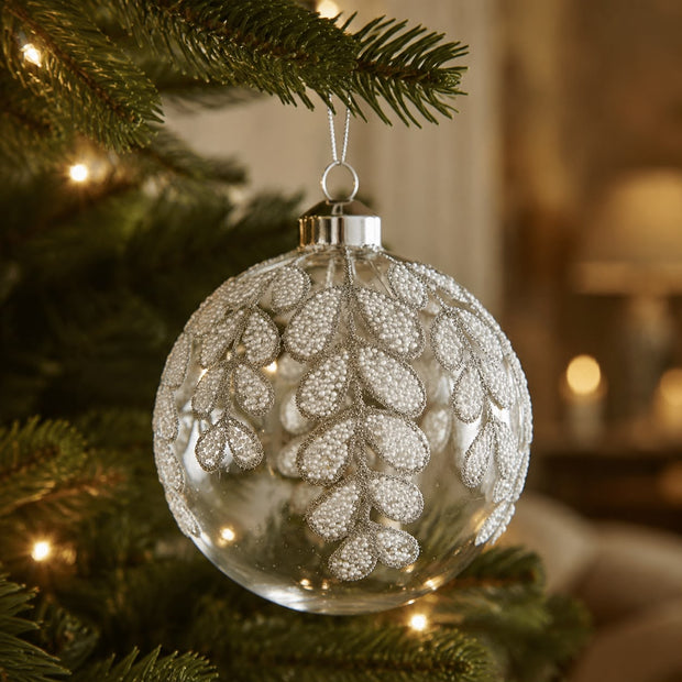 White Beaded Leaf Large Glass Bauble
