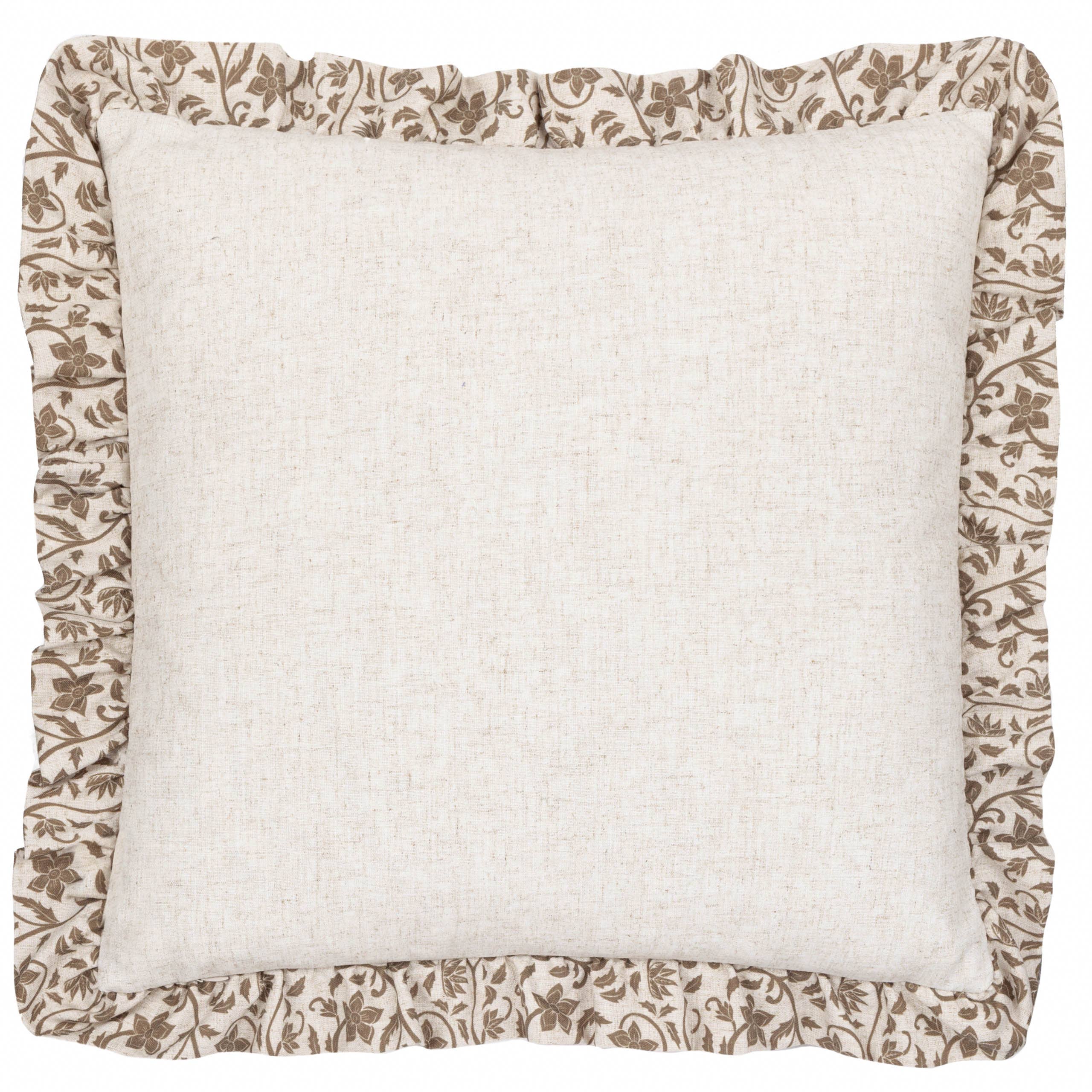 Beige Linen Filigree Printed Ruffle Cushion Cover