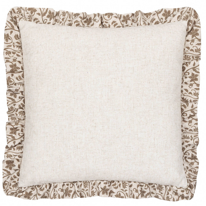 Beige Linen Filigree Printed Ruffle Cushion Cover