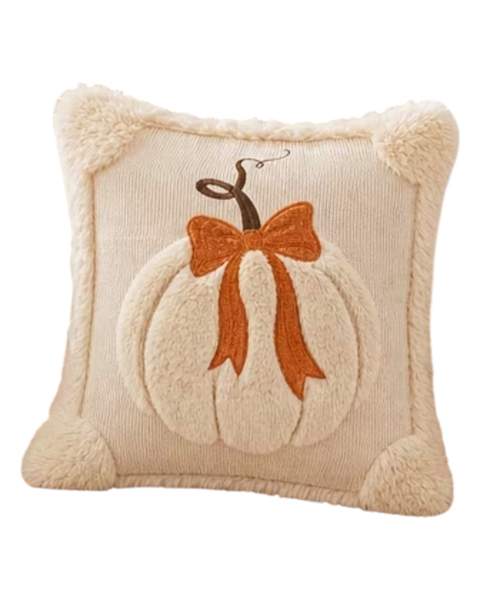 Beige Fluffy Pumpkin With Bow Cushion Cover