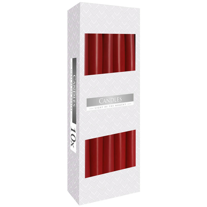 Two burgundy dinner candles from Ancient Wisdom set, tall wax candles with smooth surface perfect for elegant table settings.