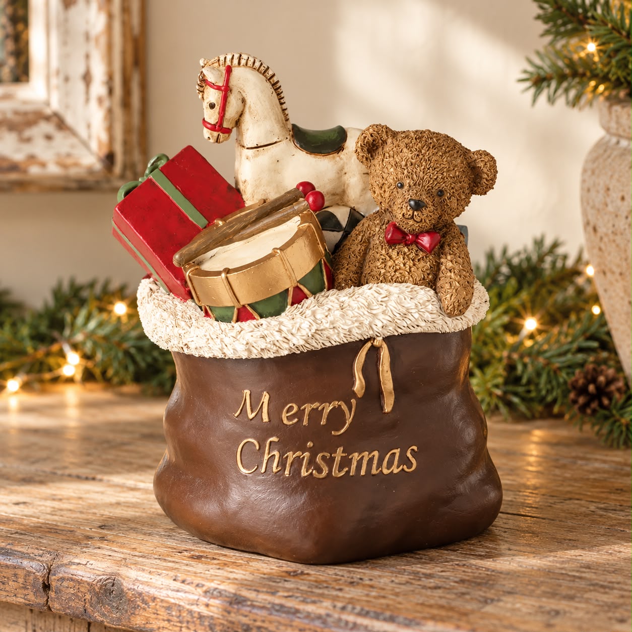 Heaven Sends Christmas teddy bear in a sack with gifts, festive holiday decoration, and colorful Christmas wrapping.