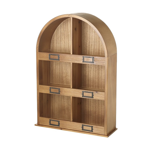 Arched Wooden Mug Wall Shelf Unit, empty arched wooden shelf with six compartments against white