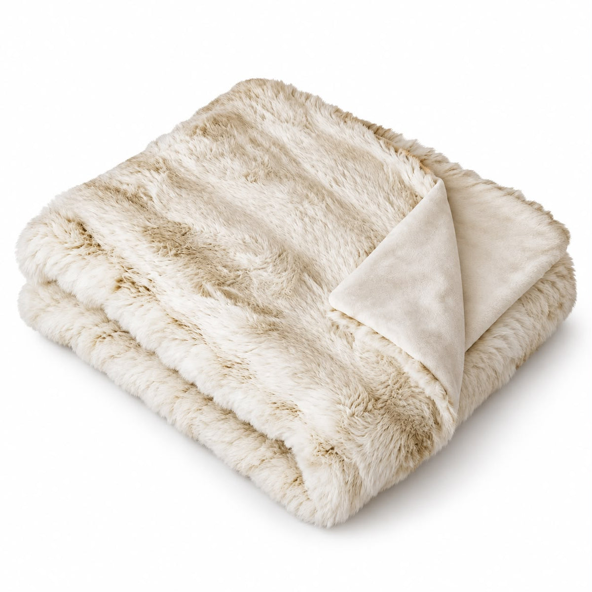 Cream Luxury Faux Fur Blanket Throw, folded cream faux fur throw showing its smooth reverse on white