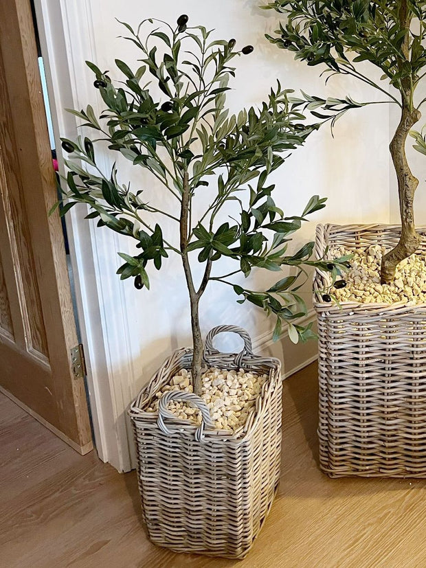 Small artificial faux olive tree from Hill Interiors, Calabria brand, featuring realistic green leaves and a slender trunk for home decor.