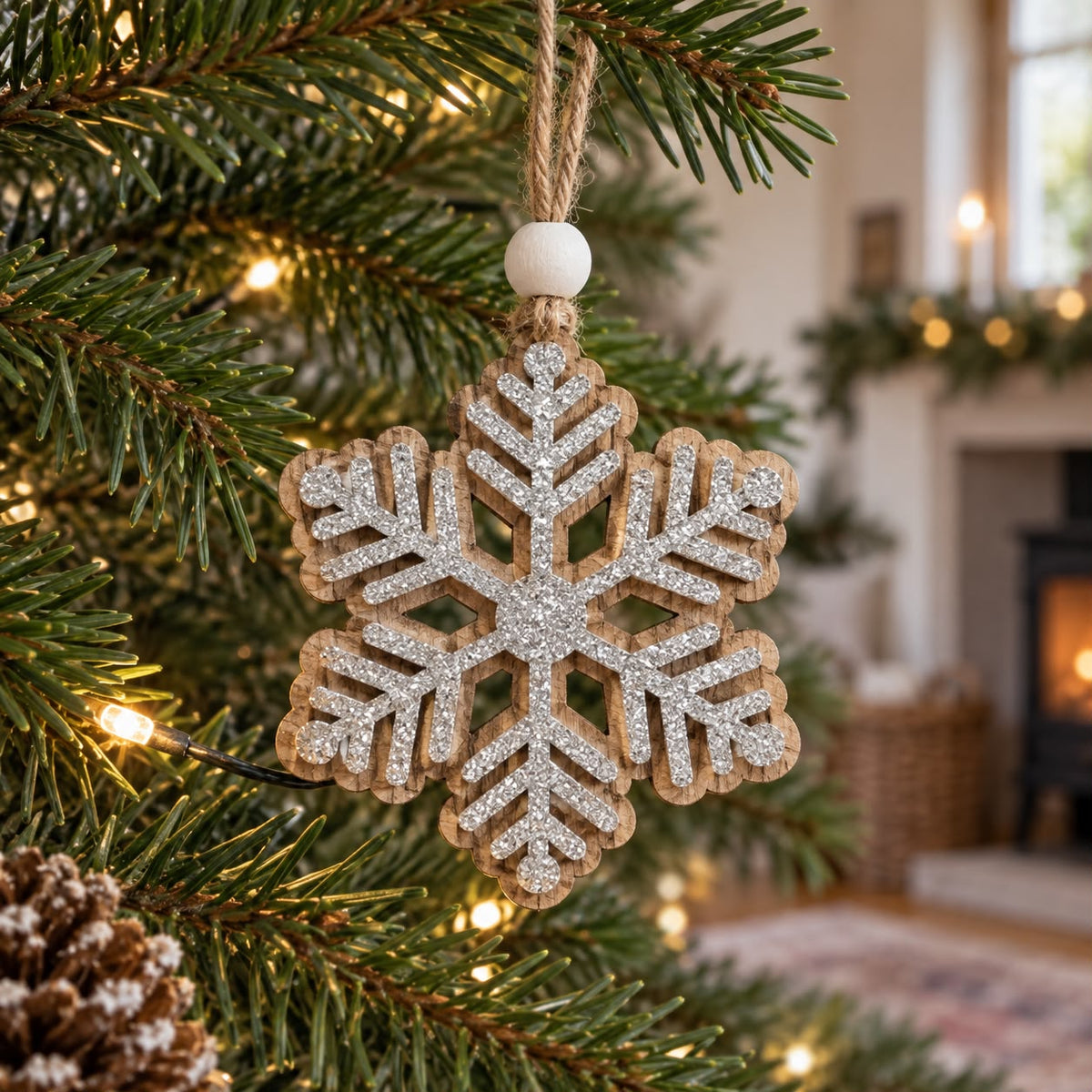 Wooden Snowflake Hanging Decorations - Set of Six