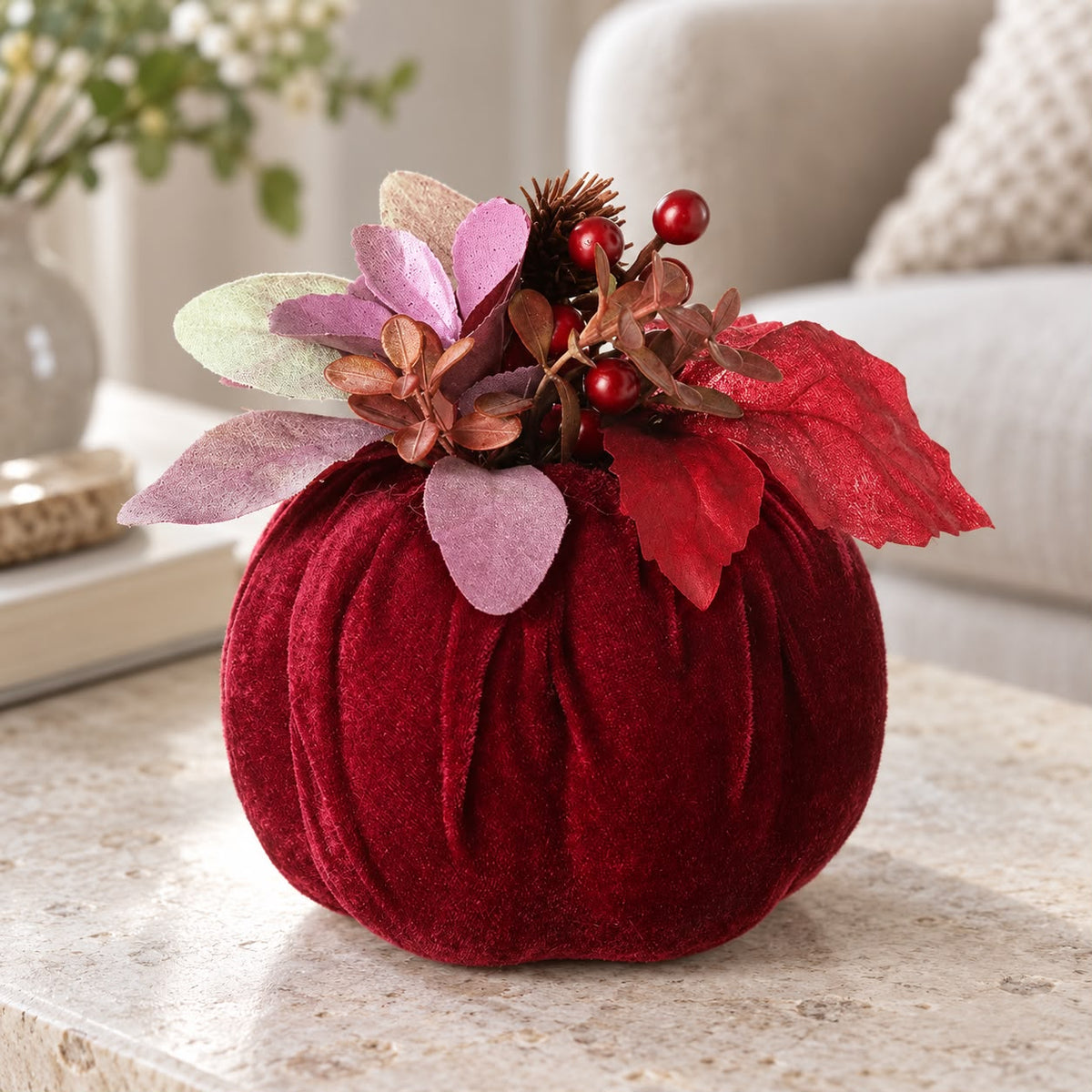 Burgundy Velvet Foliage Pumpkin