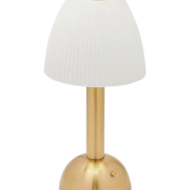 White Ceramic LED Touch Lamp, unlit white ribbed-shade lamp against white