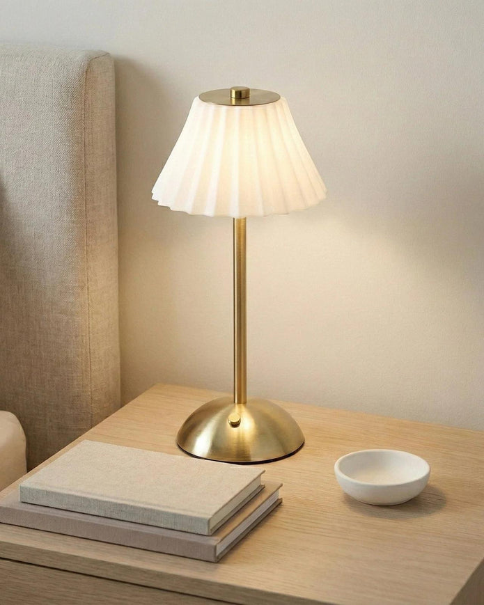 LED brass touch lamp with white fluted shade, Candlelight Products Ltd lighting fixture, modern and stylish home illumination.