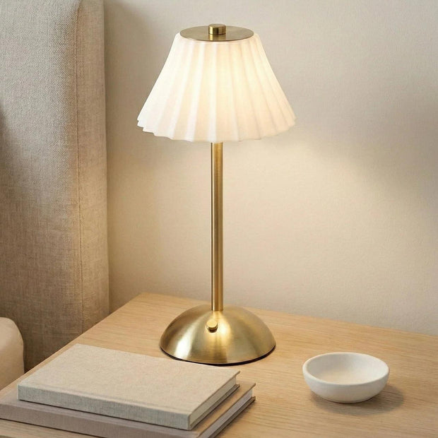 LED brass touch lamp with white fluted shade, Candlelight Products Ltd lighting fixture, modern and stylish home illumination.