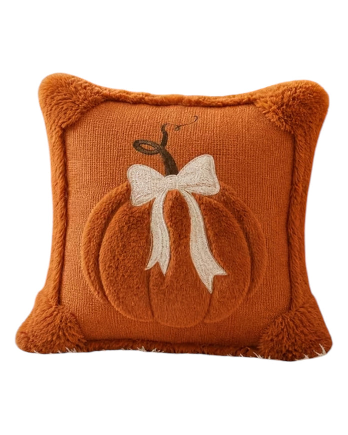 Orange Fluffy Pumpkin With Bow Cushion Cover