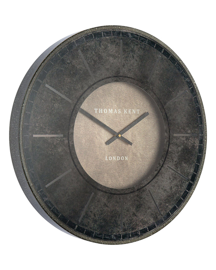 Thomas Kent Florentine 21-inch smoke wall clock with black hands and Roman numerals, featuring a modern vintage design.