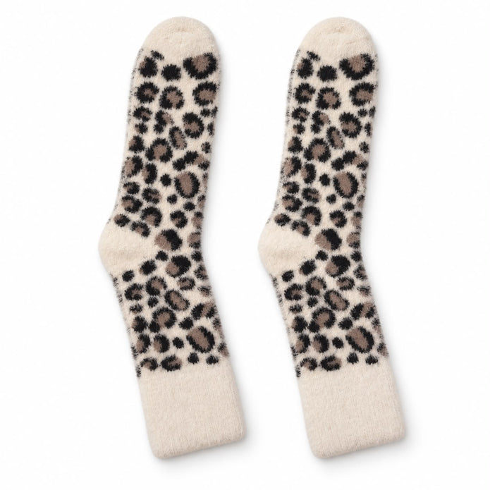 Cream Fluffy Leopard Print Socks