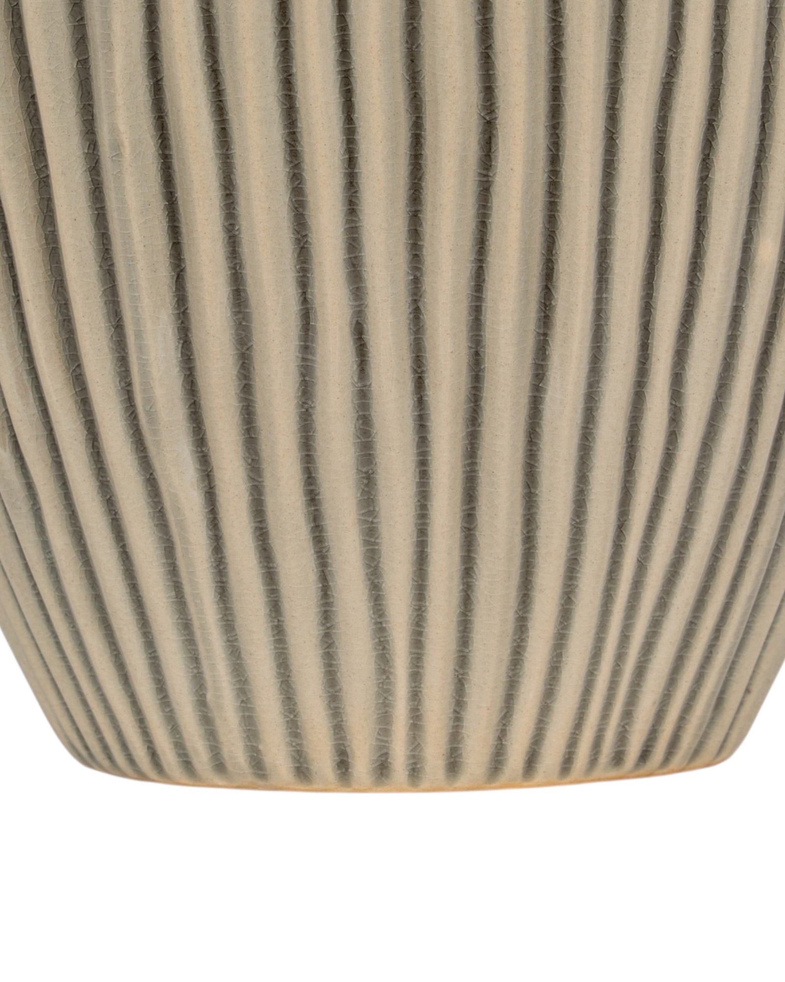 Textured beige striped vase by Hill Interiors, showcasing a stylish design with horizontal stripes and a matte finish.