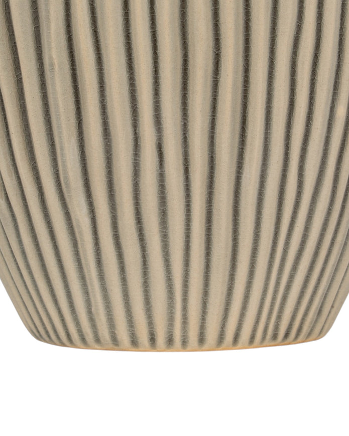 Textured beige striped vase by Hill Interiors, showcasing a stylish design with horizontal stripes and a matte finish.