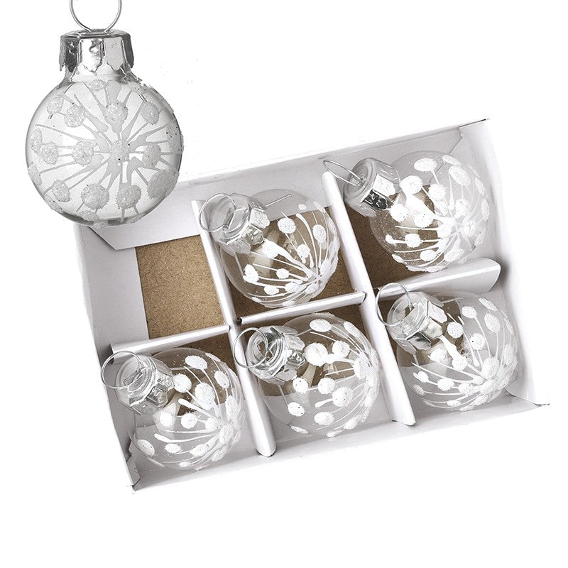 White Mini Snowflake Clear Glass Baubles Set of Six