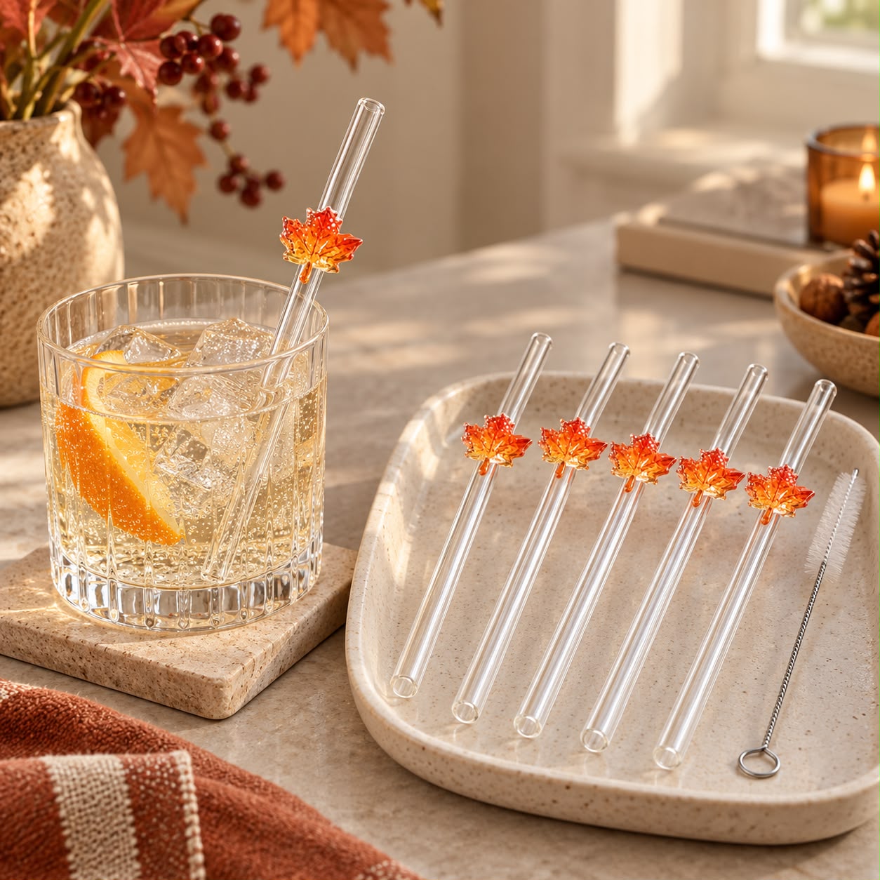 Glass Autumn Maple Leaf Straw