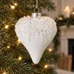 White Bead Top Glass Heart Bauble, white beaded heart bauble hanging on a Christmas tree
