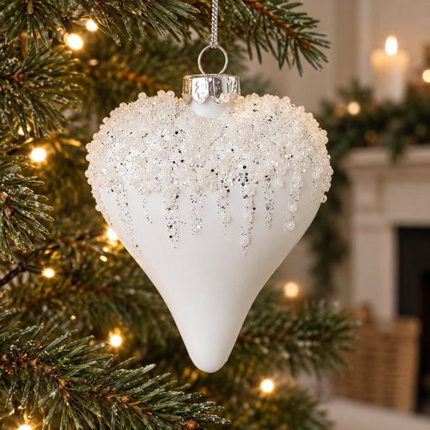 White Bead Top Glass Heart Bauble