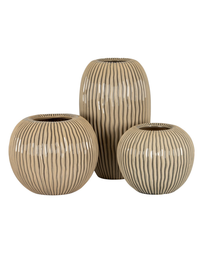 Textured beige striped vase by Hill Interiors, showcasing a modern ceramic vase with subtle stripe pattern and textured surface.