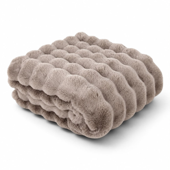 Beige Luxury Faux Fur Blanket Throw, folded beige faux fur throw on white