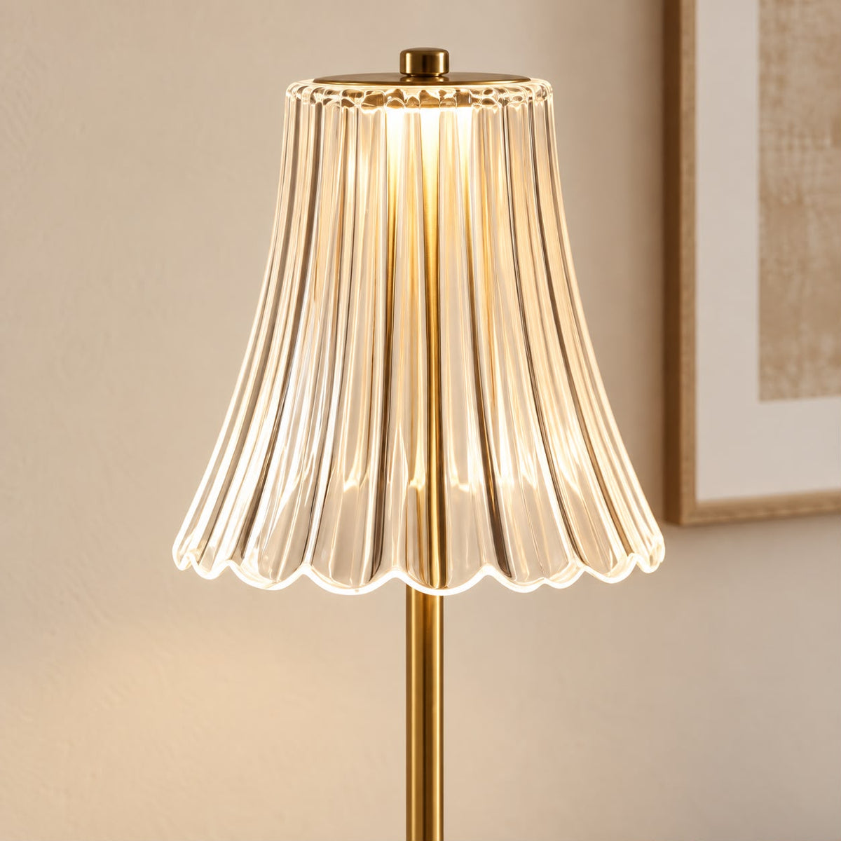 Gold LED Rechargeable Touch Lamp With Fluted Acrylic Shade