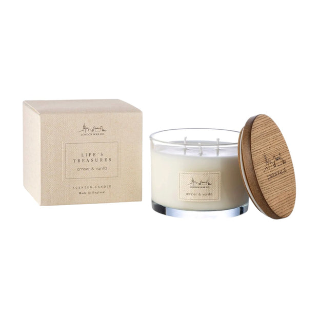 London Wax Company Triple Wick Lidded Candle - Amber & Vanilla, Amber and Vanilla candle with wooden lid and box against white