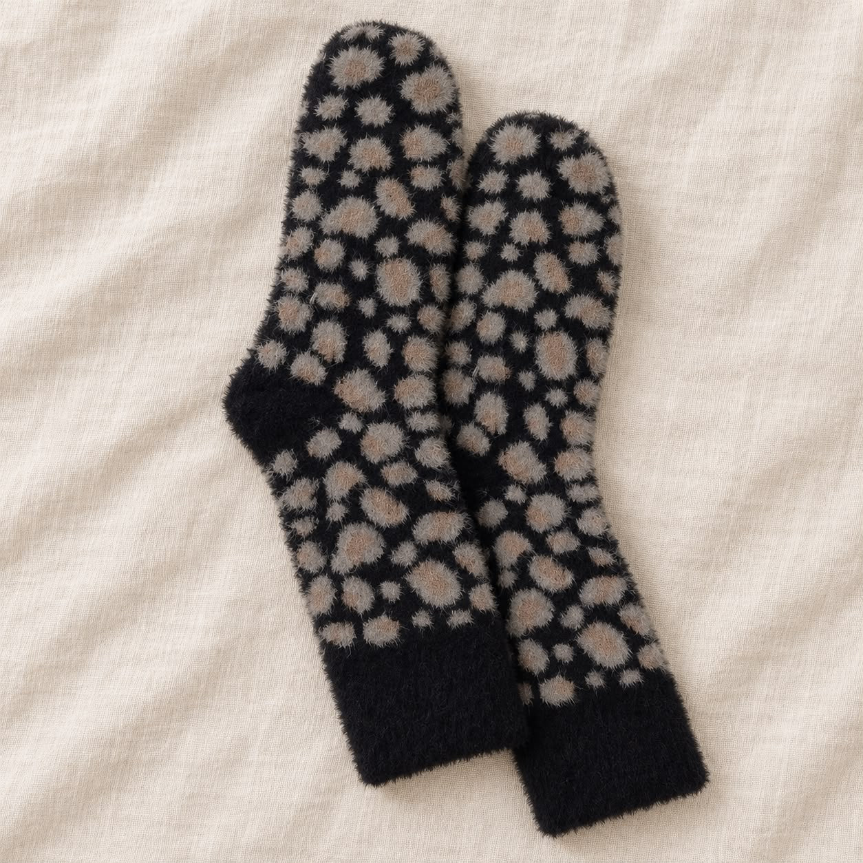 Black Fluffy Leopard Print Socks