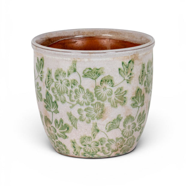 Green Floral Plant Pot, empty cream planter with green flowers against white