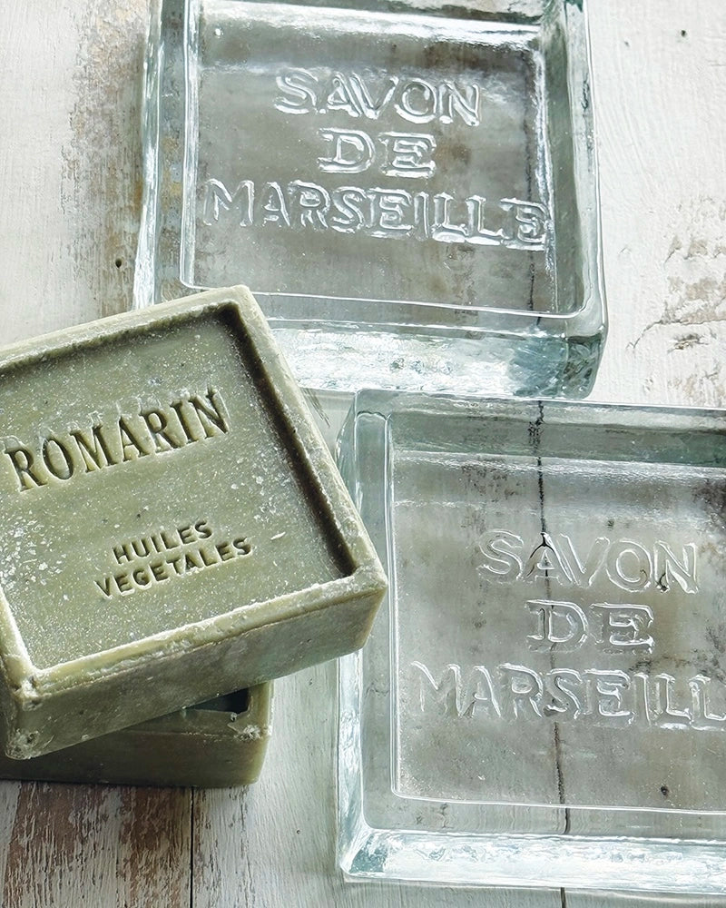 Square glass soap dish from Terrace & Garden Ltd, designed for home fragrance display with clear, modern glass construction.