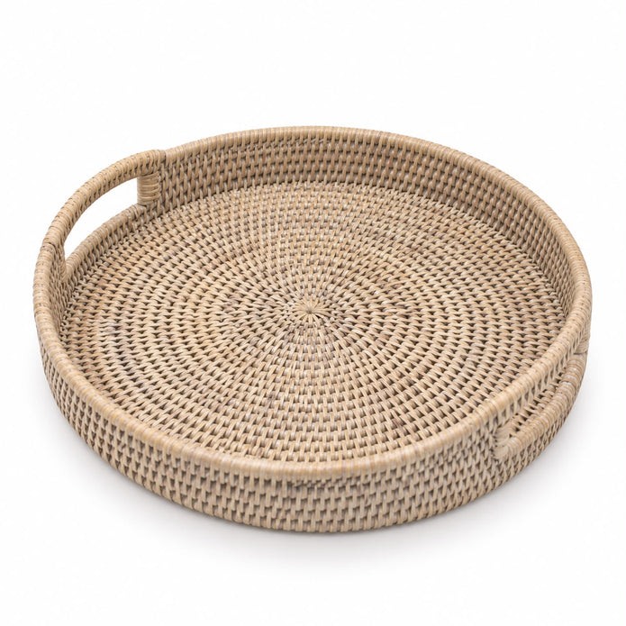 Rattan oval tray with handles, Pagan Wickham home decor piece, features natural woven rattan with sturdy handles for serving.