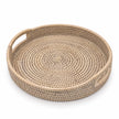 Rattan oval tray with handles, Pagan Wickham home decor piece, features natural woven rattan with sturdy handles for serving.