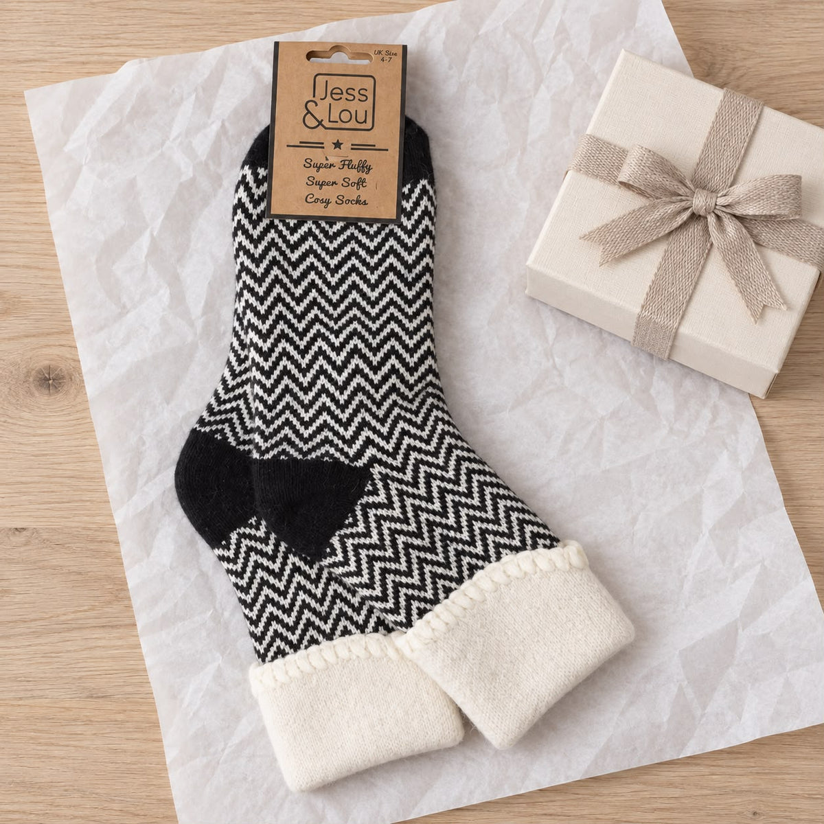 Black Cuff Herringbone Cosy Socks