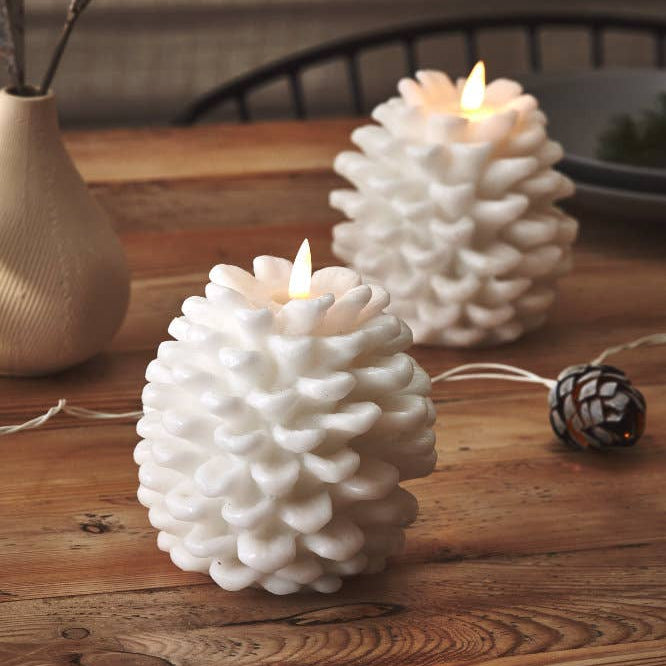 White Pinecone Light Up LED Candle