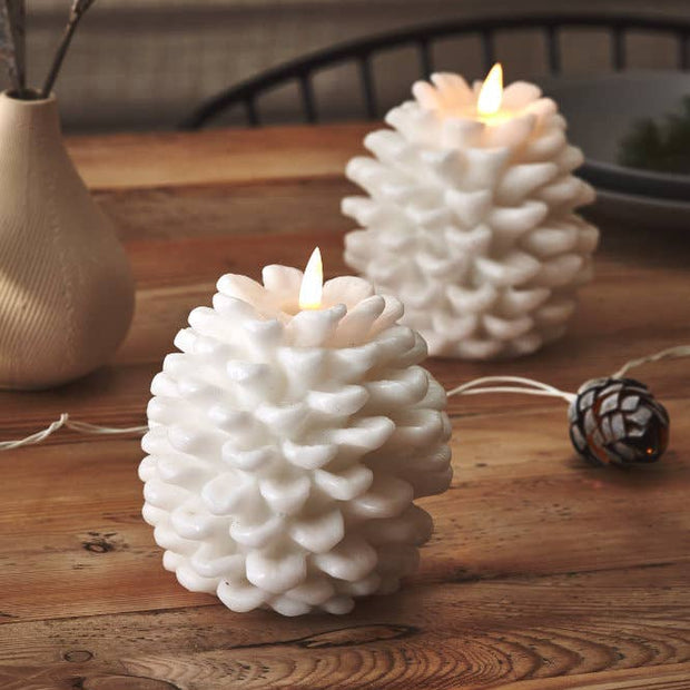 White Pinecone Light Up LED Candle