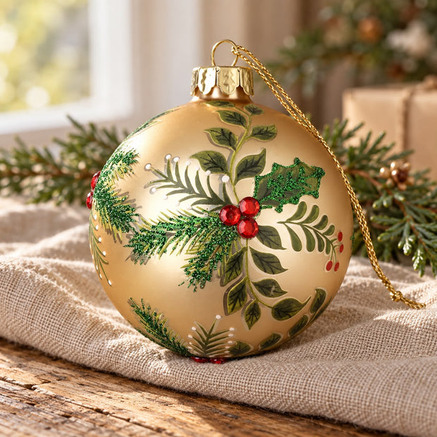 Gold Glass Holly Design Hand Painted Bauble