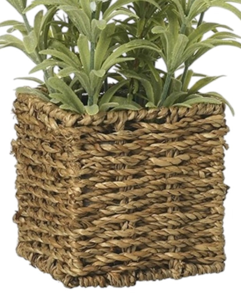 Artificial white lavender plant in a rattan pot, decorative faux greenery by Heaven Sends, perfect for home or office decor.
