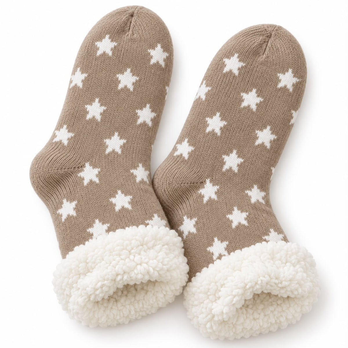 Cosy Slipper Socks - Beige Star, beige star slipper socks with cream fluffy cuffs against white