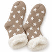 Cosy Slipper Socks - Beige Star, beige star slipper socks with cream fluffy cuffs against white
