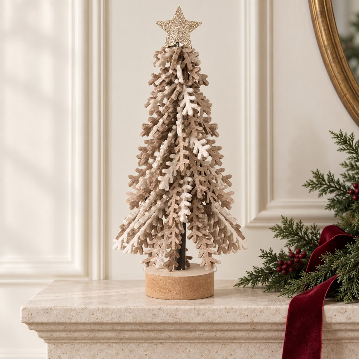 Twisted Brown Leaves Tree With Gold Star, layered brown and cream tree on a mantel