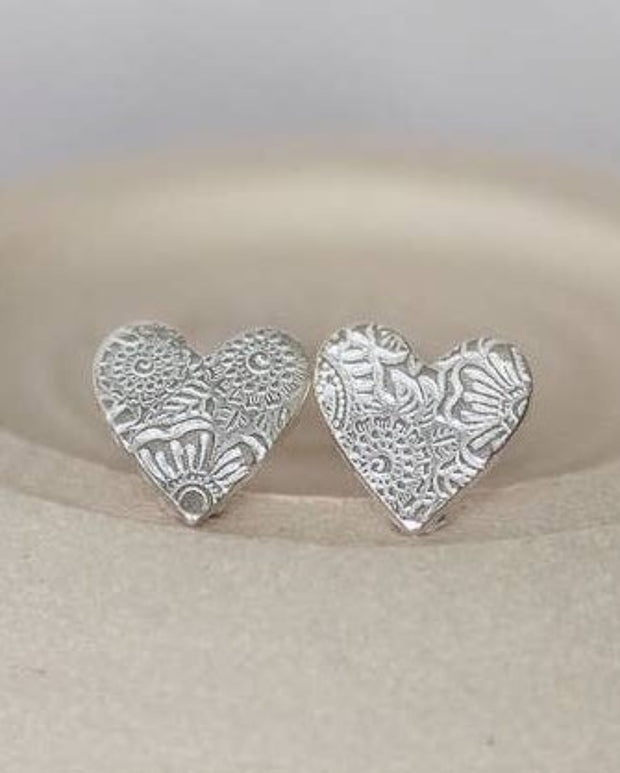 Sterling Silver Textured Heart Stud Earrings