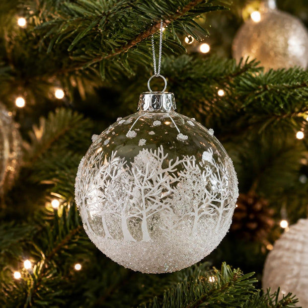 White Glass Bauble With Snowy Winter Scene