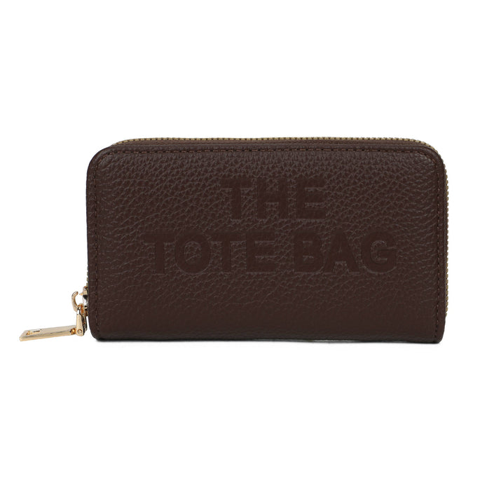 Chocolate brown Jamie Bags RFID single zip purse with a sleek design, featuring a zipper closure and compact accessories style.