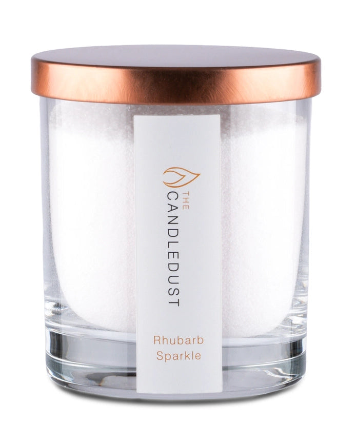 White scented candle Sand Jar Kit with rhubarb sparkle fragrance, home fragrance by The Candledust, showing the candle and decorative jar.